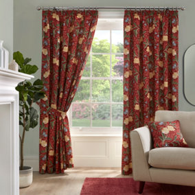 Sandringham 100% Cotton Pair of Pencil Pleat Curtains With Tie-Backs