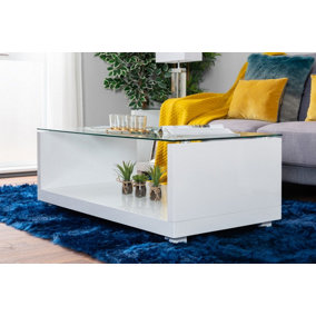 Sandro Rectangular White High Gloss Coffee Table with Clear Glass Top and Storage Shelf for Modern Living Rooms