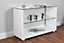 Sandro Rectangular White High Gloss Console Table with Clear Glass Top and Storage Shelf for Modern Living Rooms or Hallways