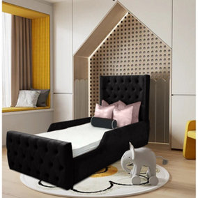 Sandy Kids Bed Gaslift Ottoman Plush Velvet with Safety Siderails- Black