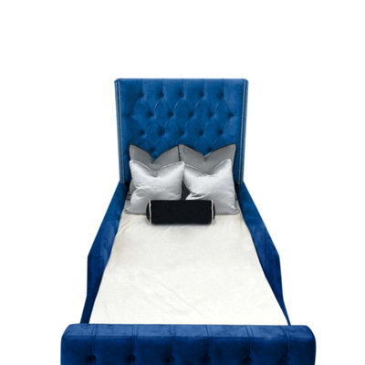 Sandy Kids Bed Gaslift Ottoman Plush Velvet with Safety Siderails- Blue