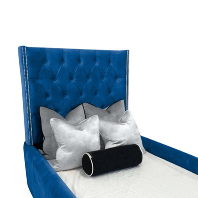Sandy Kids Bed Gaslift Ottoman Plush Velvet with Safety Siderails- Blue