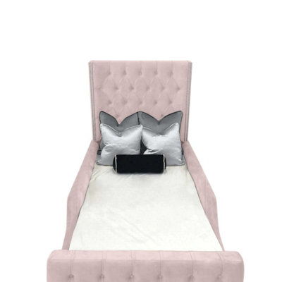 Sandy Kids Bed Gaslift Ottoman Plush Velvet with Safety Siderails- Pink