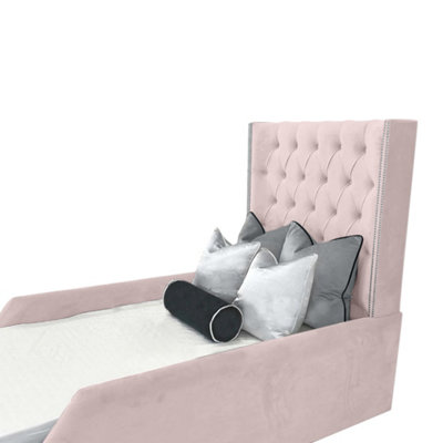 Sandy Kids Bed Gaslift Ottoman Plush Velvet with Safety Siderails- Pink