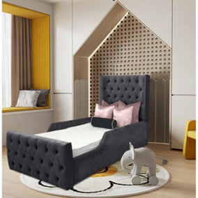 Sandy Kids Bed Gaslift Ottoman Plush Velvet with Safety Siderails- Steel