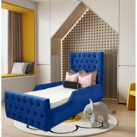 Sandy Kids Bed Plush Velvet with Safety Siderails- Blue