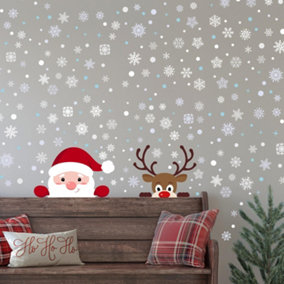 Santa And Rudolph with Snowflakes Wall Stickers Living room DIY Home Decorations