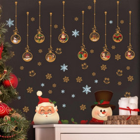 Santa And Snowman With Xmas Ornaments Wall Stickers Living room DIY Home Decorations