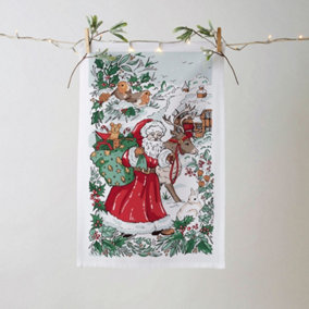 Santa Scene Festive Graphic Print 100% Cotton Tea Towel