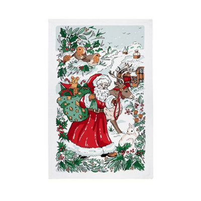 Santa Scene Festive Graphic Print 100% Cotton Tea Towel