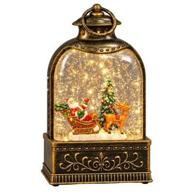 Santa Sleigh & Reindeer Water Light Up Lantern Christmas Scene Glitter 23cm