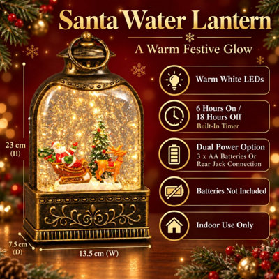 Santa Sleigh & Reindeer Water Light Up Lantern Christmas Scene Glitter 23cm