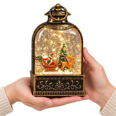 Santa Sleigh & Reindeer Water Light Up Lantern Christmas Scene Glitter 23cm
