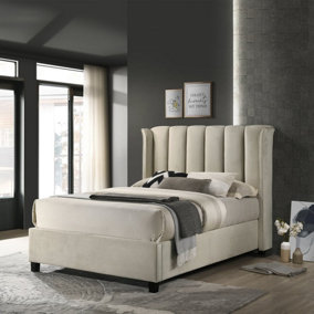 Santana Ottoman Double Bed - Cream - Lifting Storage Slatted Base Upholstered Headboard