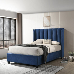 Santana Ottoman Double Bed - Dark Blue - Lifting Storage Slatted Base Upholstered Headboard