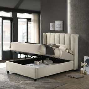 Santana Ottoman King Size Bed - Cream - Lifting Storage Slatted Base Upholstered Headboard