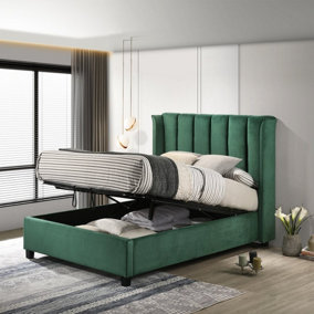 Santana Ottoman King Size Bed - Green - Lifting Storage Slatted Base Upholstered Headboard