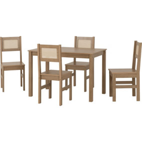Santana Table with 4 Chairs Dining Set in Light Oak and Rattan Finish