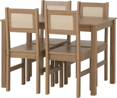 Santana Table with 4 Chairs Dining Set in Light Oak and Rattan Finish