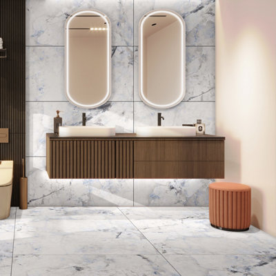 Santiago Gloss White & Blue Marble Effect Porcelain Wall & Floor Tile Pack of 16 Tiles 11m² (L)600mm (W)1200mm
