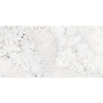 Santiago Gloss White & Blue Marble Effect Porcelain Wall & Floor Tile - Pack of 32 Tiles, 23m² - (L)600(W)1200mm