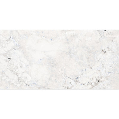 Santiago Gloss White & Blue Marble Effect Porcelain Wall & Floor Tile - Pack of 32 Tiles, 23m² - (L)600(W)1200mm
