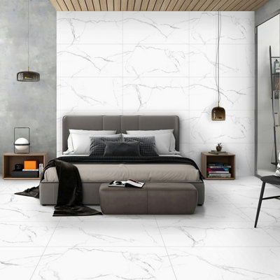 Santiago Gloss White Marble Effect Porcelain Wall & Floor Tile Pack of 16 Tiles 11m² (L)600mm (W)1200mm