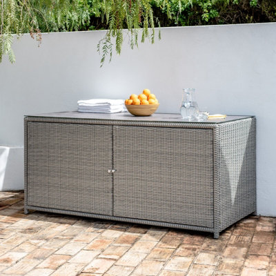 Santiago Rattan Storage Box/Console Table with Glass Top in Grey