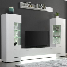 Santiago TV Stand With Storage for Living Room and Bedroom, 2698 Wide, LED Lighting, Media Storage, White High Gloss Finish