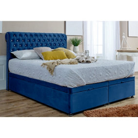 Santino Divan Ottoman Plush Bed Frame With Chesterfield Headboard - Blue