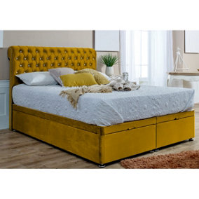Santino Divan Ottoman Plush Bed Frame With Chesterfield Headboard - Mustard Gold