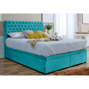 Santino Divan Ottoman Plush Bed Frame With Chesterfield Headboard - Teal
