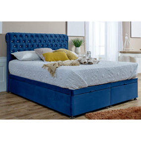 Santino Divan Ottoman with matching Footboard Plush Bed Frame With Chesterfield Headboard - Blue
