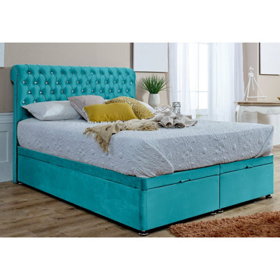 Santino Divan Ottoman with matching Footboard Plush Bed Frame With Chesterfield Headboard - Teal