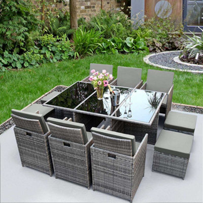 Santorini 10 Seater Premium Cube Rattan Outdoor Patio Garden Furniture Dining Table Set Grey