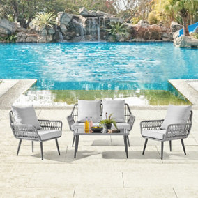 Santorini  4 Piece Sofa  Garden Set with Wicker Rope Style Chairs Coffee Black Glass Topped Topper