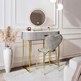 Santorini Dream Set 2-Dove Grey Velvet Dressing Table with LED Touch Sensor Mirror