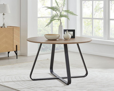 Santorini Round Wood Effect 4 Seat Dining Table with Modern Industrial Rustic Style Matte Black Metal Legs