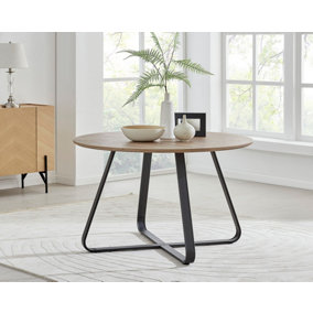 Santorini Round Wood Effect 4 Seat Dining Table with Modern Industrial Rustic Style Matte Black Metal Legs
