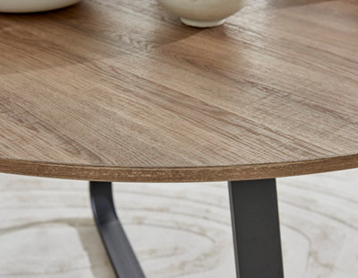 Santorini Round Wood Effect 4 Seat Dining Table with Modern Industrial Rustic Style Matte Black Metal Legs