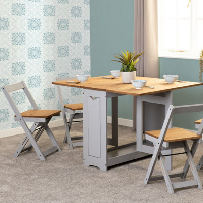 Santos Folding Drop leaf Butterfly Dining Set Table 4 Chairs Grey Waxed Pine