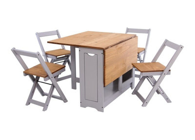 Santos Folding Drop leaf Butterfly Dining Set Table 4 Chairs Grey Waxed Pine