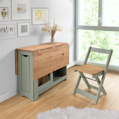 Santos Folding Drop Leaf Butterfly Dining Table Set 4 Chairs Sage Green Distressed Wax Pine