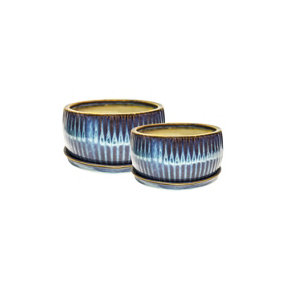 Sapphire Round Reactive Glaze Bonsai Planter Set of 2