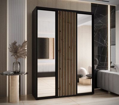 Sapporo II - Black Matt Mirrored Sliding Door Wardrobe - Sleek Design, Lamella Effect (H)2050mm (W)1700mm (D)600mm