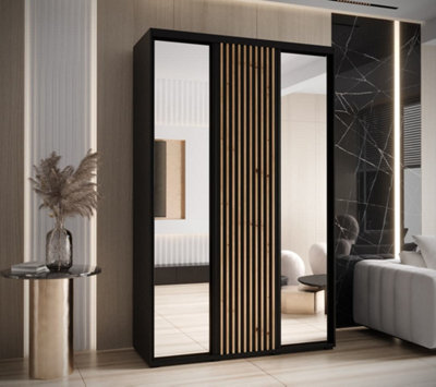 Sapporo II Black Matt Mirrored Sliding Door Wardrobe - Sleek Space-Saving Design (H)2050mm (W)1500mm (D)600mm