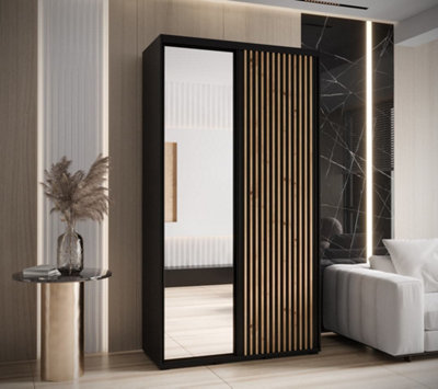 Sapporo II Chic Black Matt Mirrored Sliding Door Wardrobe -  Space-Saving Storage Solution (H)2050mm (W)1300mm (D)600mm