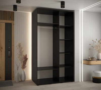 Sapporo II Chic Black Matt Mirrored Sliding Door Wardrobe -  Space-Saving Storage Solution (H)2050mm (W)1300mm (D)600mm