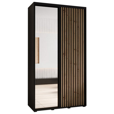 Sapporo II Chic Black Matt Mirrored Sliding Door Wardrobe - Stylish Space-Saving Solution (H)2050mm (W)1400mm (D)600mm