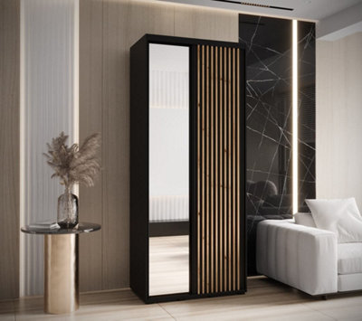 Sapporo II - Chic Black Mirrored Sliding Door Wardrobe -Compact Storage for Modern Living (H)2050mm (W)1000mm (D)600mm